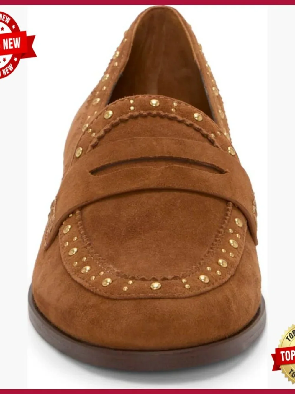 Suede Loafers with Pin Studding, Block Heel, Almond Toe, Pull-On Closure